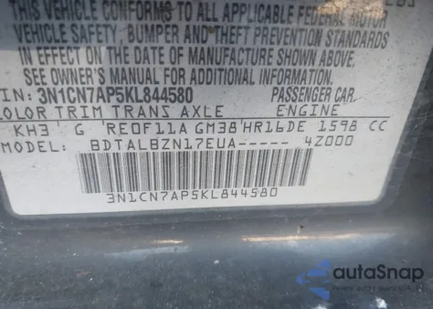 2019 Nissan Versa 1.6 Sv from USA, damaged, VIN 3N1CN7AP5KL844580